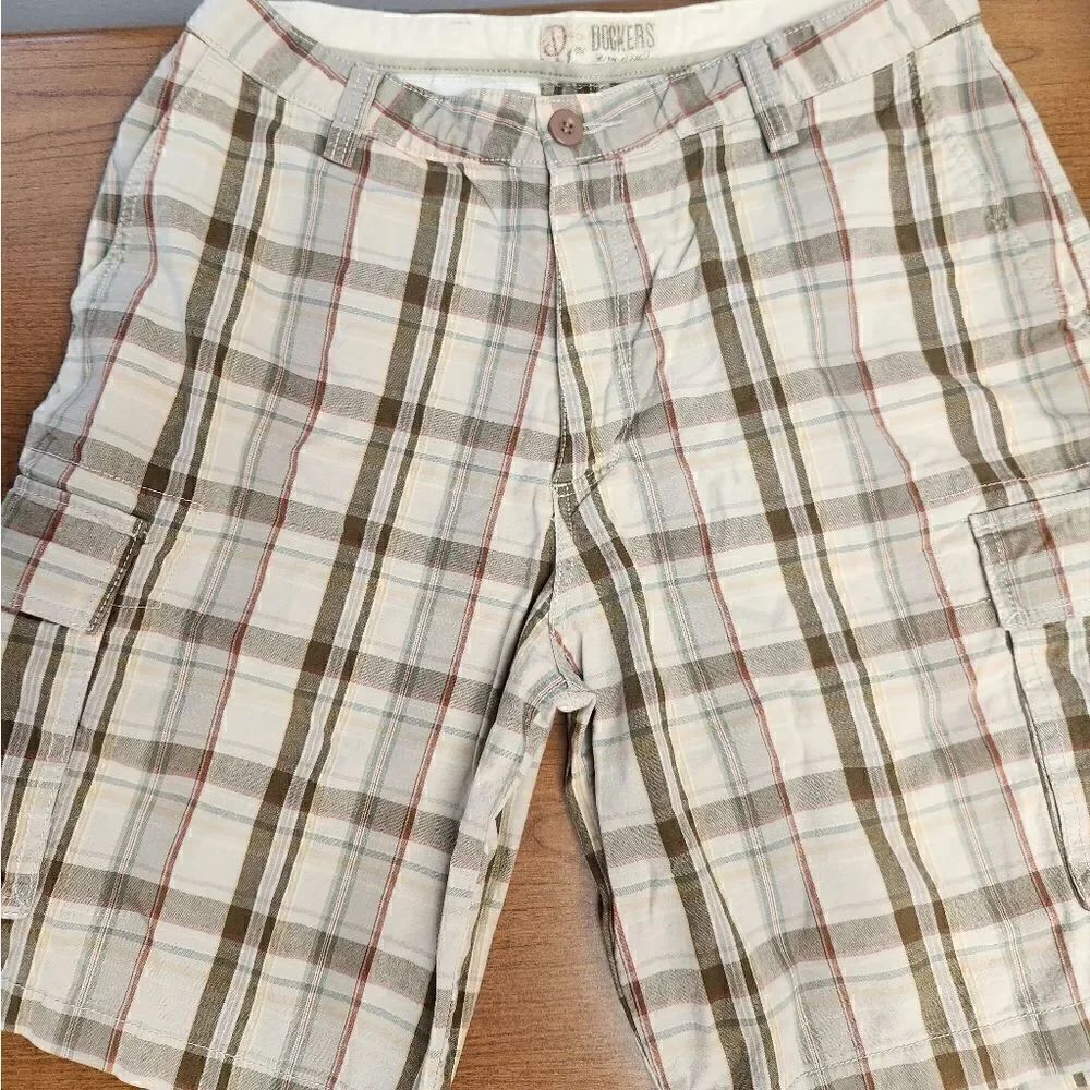 Dockers 36 Relaxed Fit cargo shorts. Tan with red, green and yellow plaid